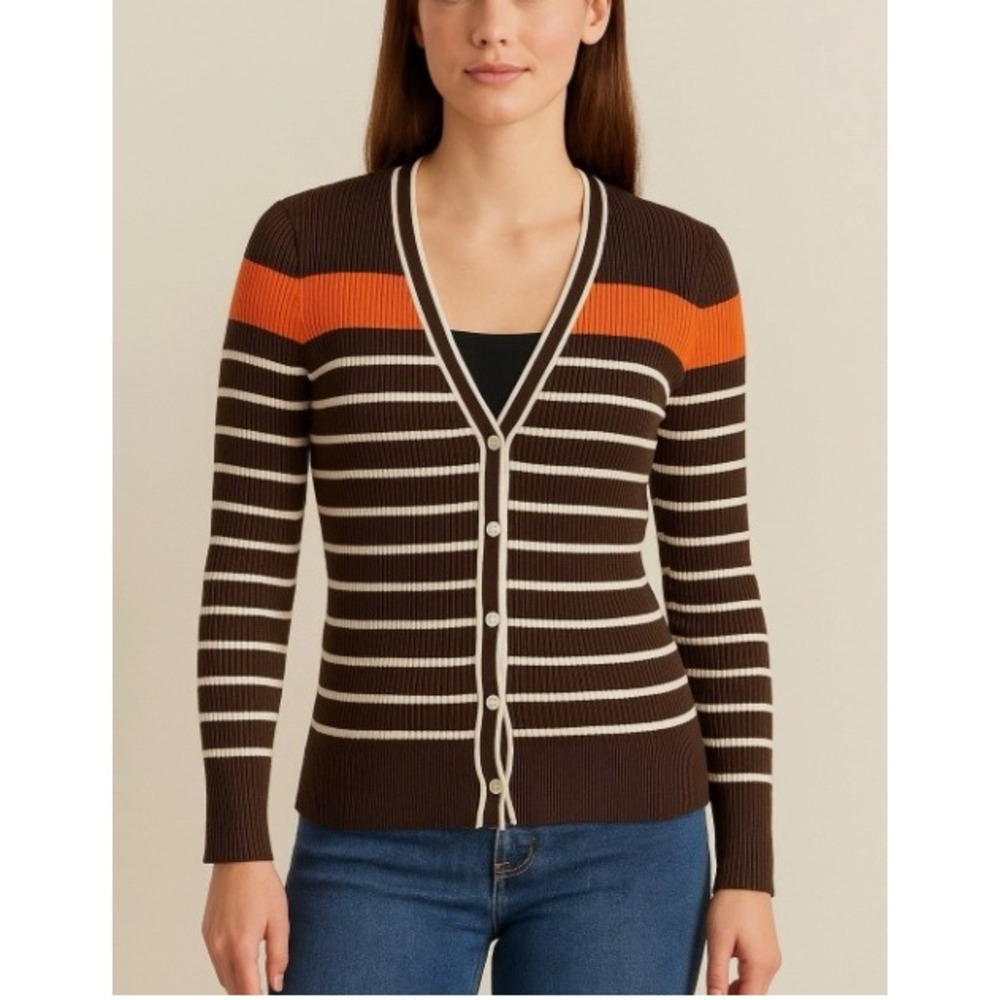 Lauren Ralph Lauren Striped Cardigan Sweater Brown Orange White Women's Large